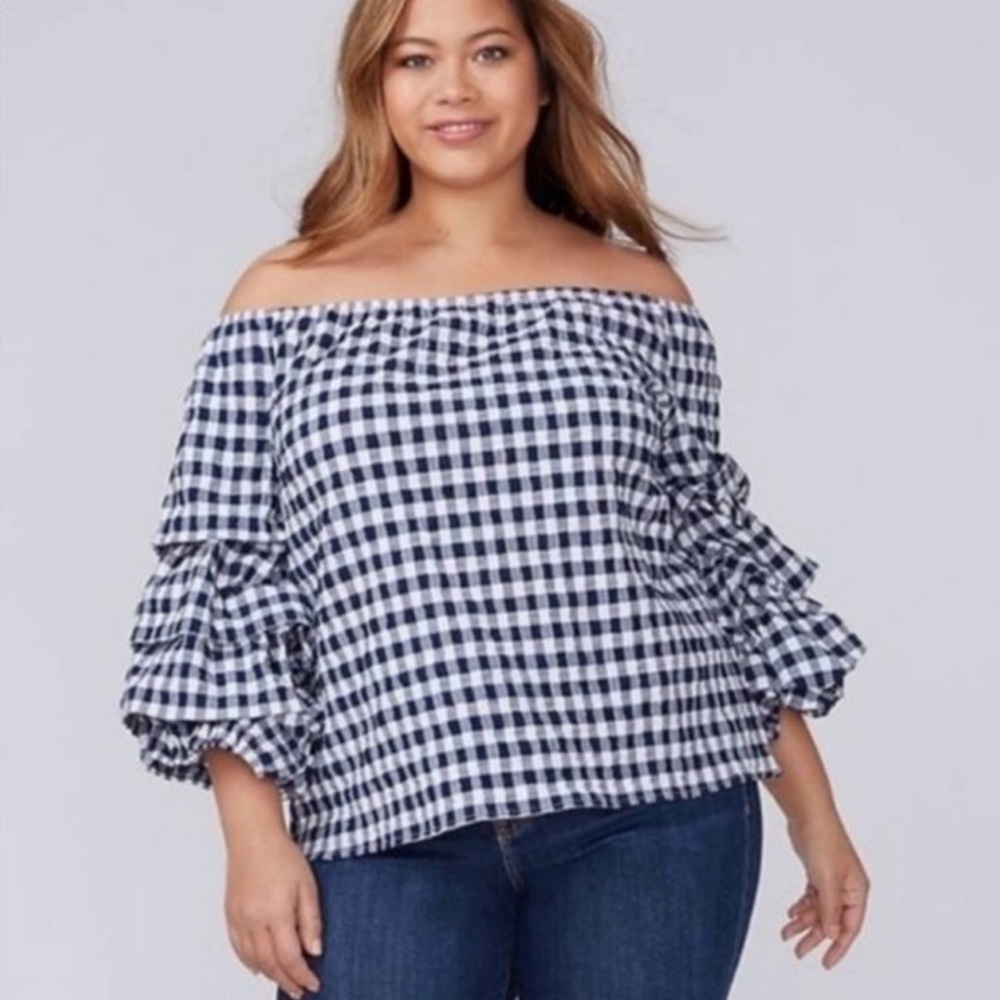 Lane Bryant Navy and White Gingham Top with Puffy Sleeves